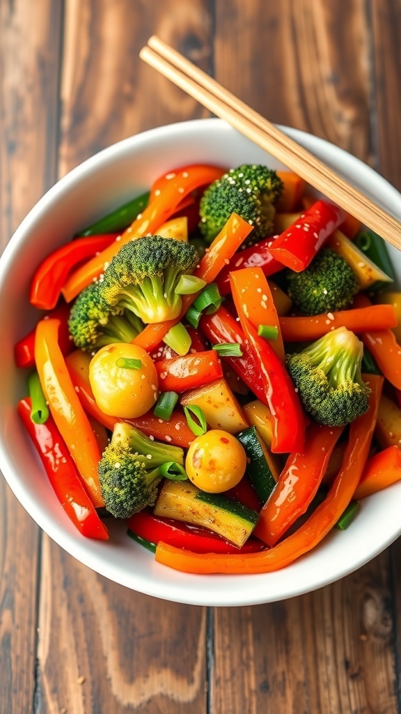 A colorful bowl of low carb vegetarian stir-fry with bell peppers, broccoli, and zucchini, garnished with sesame seeds and green onions.